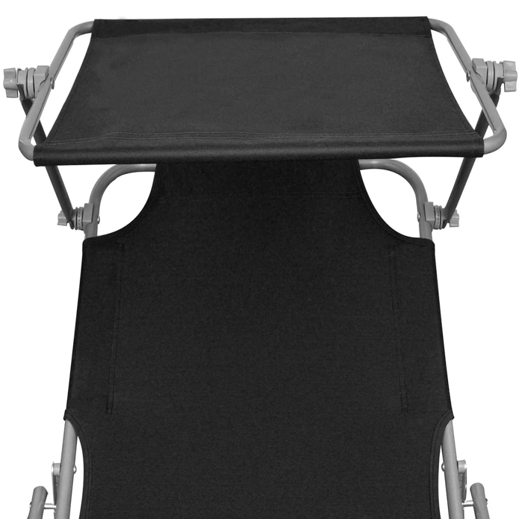 Șezlong pliabil cu protecție solară 189 x 58 x 27 cm, Negru