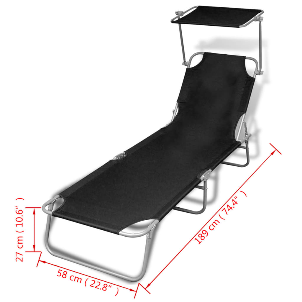 Șezlong pliabil cu protecție solară 189 x 58 x 27 cm, Negru