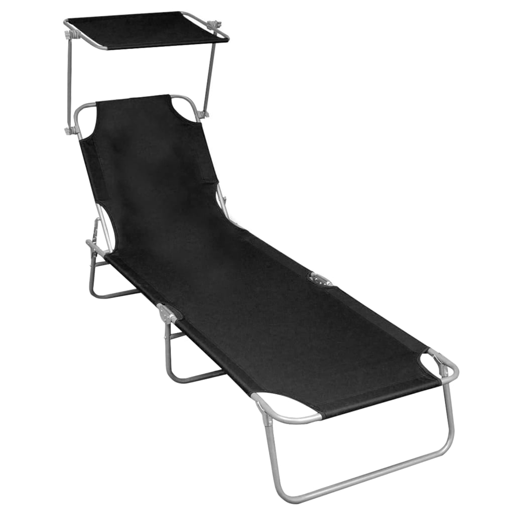 Șezlong pliabil cu copertină, gri, aluminiu