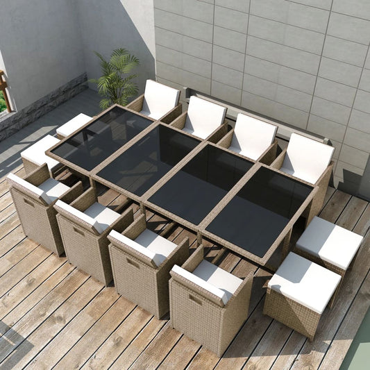 Set mobilier de exterior cu perne, 13 piese, bej, poliratan