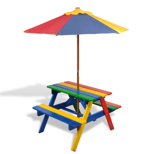 Masă de picnic pentru copii cu bănci &amp; umbrelă, lemn multicolor