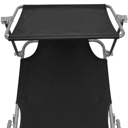 Șezlong pliabil cu protecție solară 189 x 58 x 27 cm, Negru