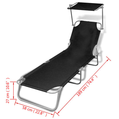 Șezlong pliabil cu protecție solară 189 x 58 x 27 cm, Negru