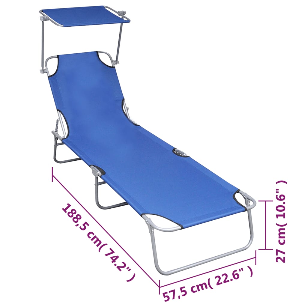 Șezlong pliabil cu copertină, gri, aluminiu