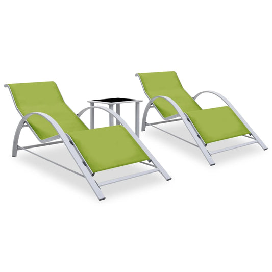 Șezlonguri de plajă cu masă, 2 buc., verde, aluminiu
