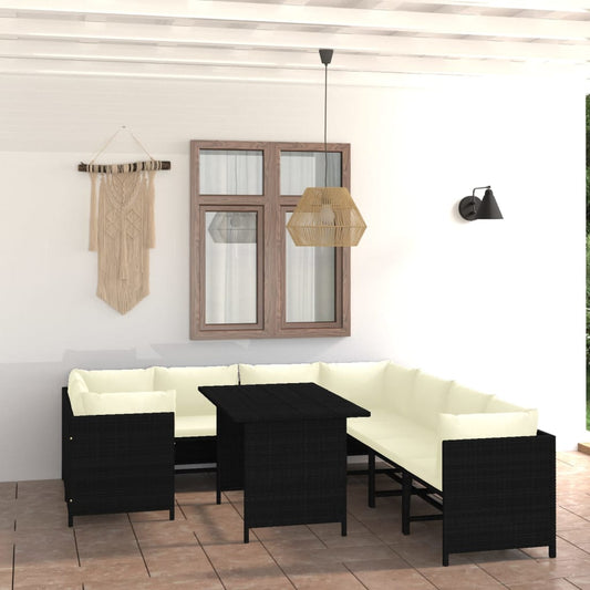 Set mobilier de grădină cu perne, 9 piese, negru, poliratan